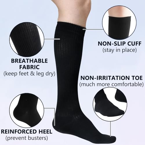 Image of +MD Cotton Compression Socks for Women & Men 4 /6 Pairs 15-20mmHg Knee High for Sports, Travel, Nursing Long Sitting Standing