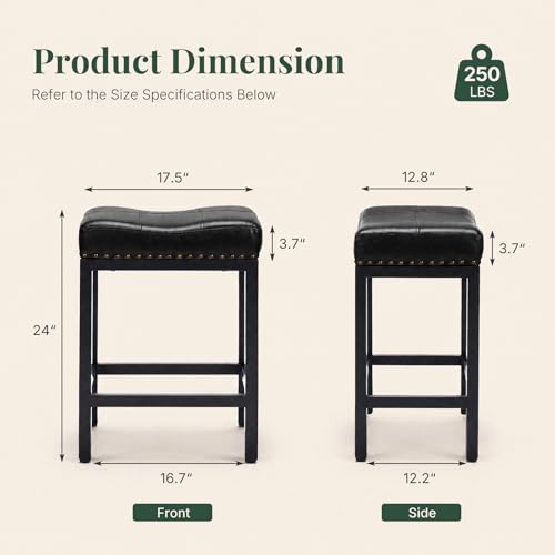 Image of 24 Inch Bar Stools Set of 2, PU Leather Counter Height Stools | Upholstered Modern Saddle Barstools with Metal Base and Footrest for Home Bar, Small Apartment, Black