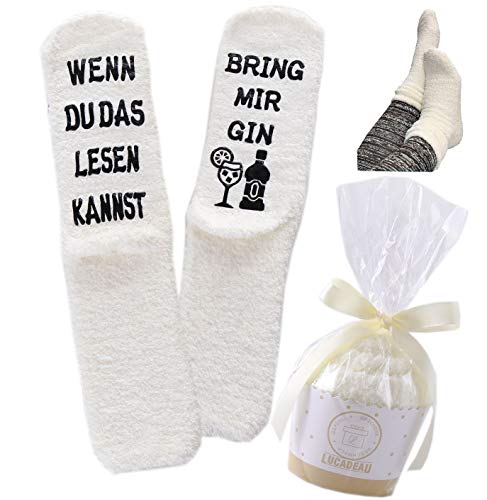 Lucadeau Cadeau de Noël pour femme avec inscription en allemand « WENN BUCH DU DAS LESEN » - Chaussettes d'anniversaire « KANNST BRING MIR », Chaussettes de gin crème, 36-43