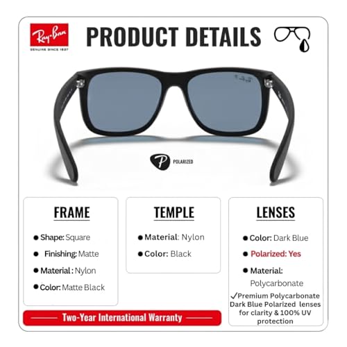 Image of Ray-Ban RB4165 JUSTIN CLASSIC Square Shaped Sunglasses for Men with Official RAYBAN Eyewear Kit