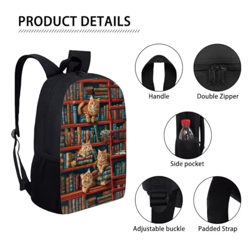 Bookshelf Cat Girls Backpack Elementary School Backpack with Lunch Box Pencil Case Kindergarten Elementary Middle School Bag Sets Kids Bookbags2