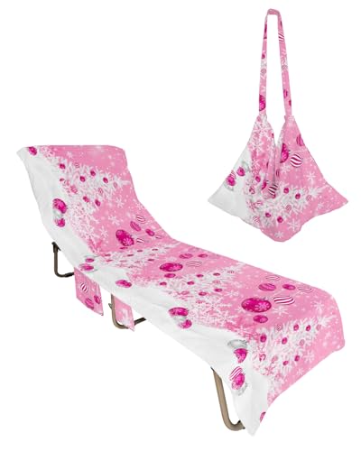 Christmas Tree Pink Beach Chair Towel Covers for Chaise Lounge with Side Pocket, Soft Plush Pool Towels Cover for Patio Sunbathing Outdoor 29''x85'' Winter Xmas Ball Fantasy Snowflake