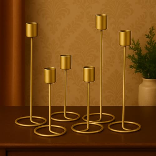 Image of (Set of 6) Gold Metal Candle Holders for Home Decoration | Modern T-Light Stand for Living Room, Bedroom, Office & Gifting