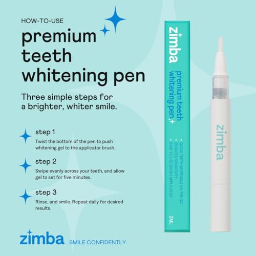 zimba travel teeth whitening pen - effective travel-friendly and easy to use gel whitening pen - stain remover and teeth whitener for coffee wine soda and other stains 1 pack