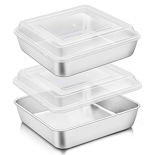 Image of TeamFar 9 x 9 Inch Square Cake Pan, Stainless Steel Square Baking Pan with Lid for Brownie Lasagna, Non-Toxic & Heavy Duty, One-Piece & Smooth, Dishwasher Safe & Easy Clean (2 Pans + 2 Lids)