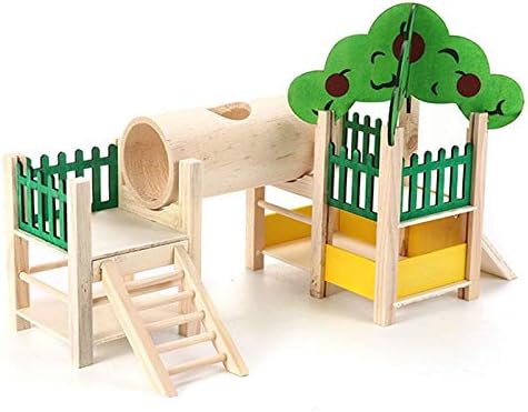 Hamster Houses and Hideouts, Natural Wooden Small Animals Playground Activity Set Platform Villa with Tube/Fences/Ladders/Roofs, for Dwarf Mice, Gerbil, Sugar Gliders Etc