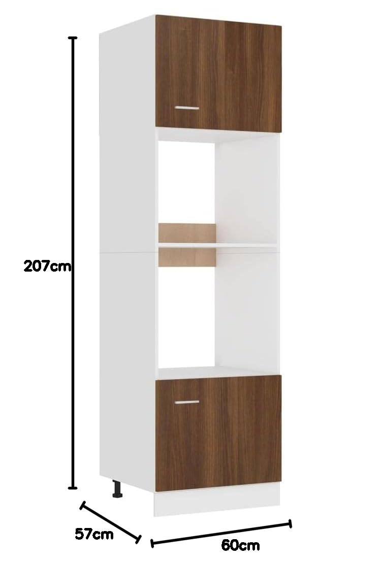 Mikrowellenschrank Lyon aus brauner Eiche, 60 x 57 x 207 cm, mit 4 Regalen, Küchenschrank aus Sperrholz, robust und stabil, verstellbare Tür links oder rechts,
