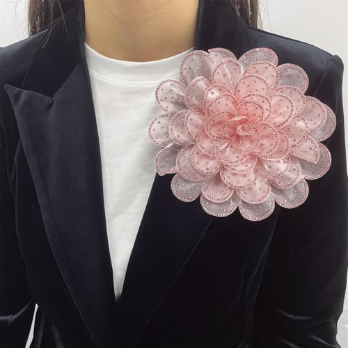 Image of Rhinestone Camellia Flower Big Brooch Lapel Pins for Women Fashion Crystal Fabric Floral Brooches Pin for Dresses Suit Accessories Jewelry Boutonniere Corsage Wedding Party 140mm