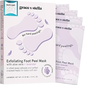 grace & stella Award-Winning Foot Peel Mask – Foot Peeling Mask with Aloe Vera – Moisturizing Foot Mask for Dry Cracked Feet – Foot Exfoliator for Baby Soft Feet (4 Pairs, Lavender)