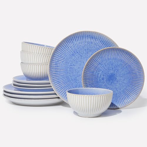 Image of Pokini Ceramic Dinnerware Sets, Handmade Reactive Glaze Plates and Bowls Sets, Highly Chip and Crack Resistant Dish Set, Distinctive Granulated Surface Dishwasher & Microwave Safe Service for 4