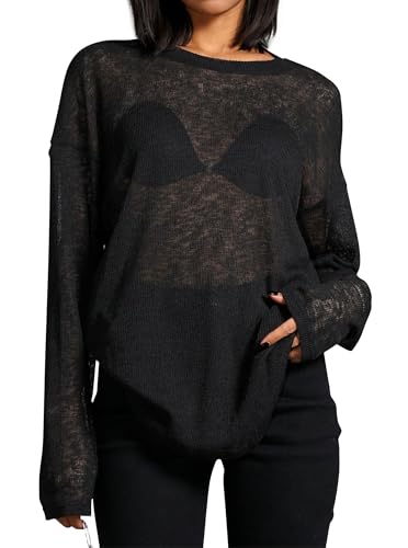 Remidoo Oversized Tshirts for Women See Through Sheer Top Long Sleeve T Shirt Loose Tee
