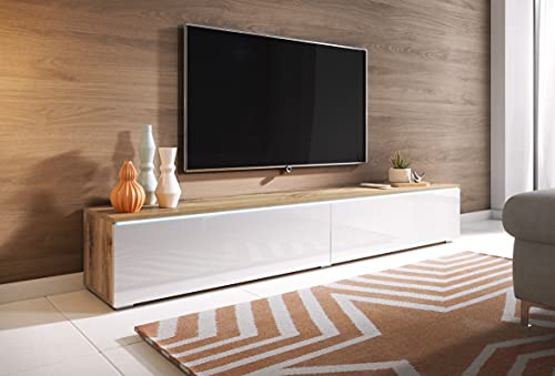 BRATEX Meuble TV Suspendu Support TV 180 cm Blanc Brillant, avec illusion LED