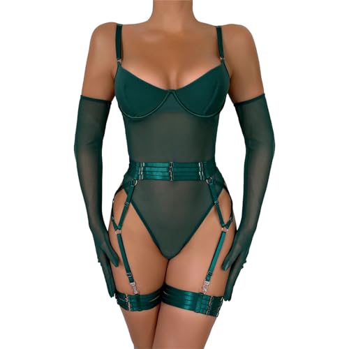 DUHGBNE Lingerie Giarrettiera per Donna Lingerie Sexy Trasparente Abbinata a 4 Pezzi Crema Depilatoria per (Green, S)