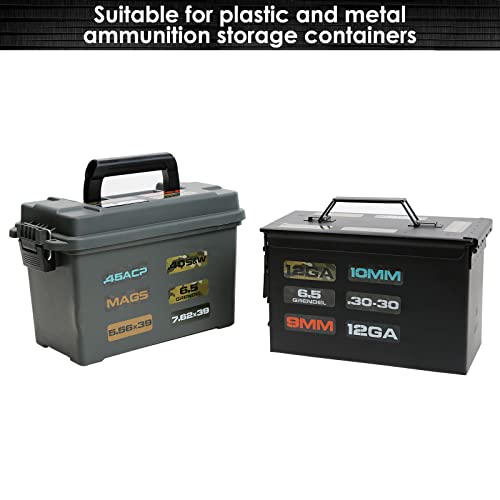 Aolamegs Ammo Can Vinyl Sticker Set, Caliber Decal Labels for Ammo Cans .22 .223 .308 9MM .380 .45 5.56 7.62 12GA 300BLK (80 Pack/20 Varieties)