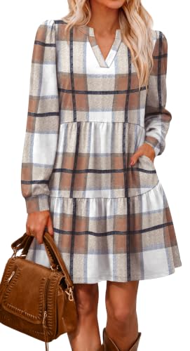 OFEEFAN Fall Dresses for Women V Neck Long Sleeve Tiered Dress with Pockets
