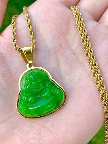 Laughing Buddha White Jade Pendant Necklace – 14k Gold Plated Rope Chain, Certified Grade A Jadeite, Handcrafted Iced Diamond Buddha, Healing Obsidian Prayer Jewelry2