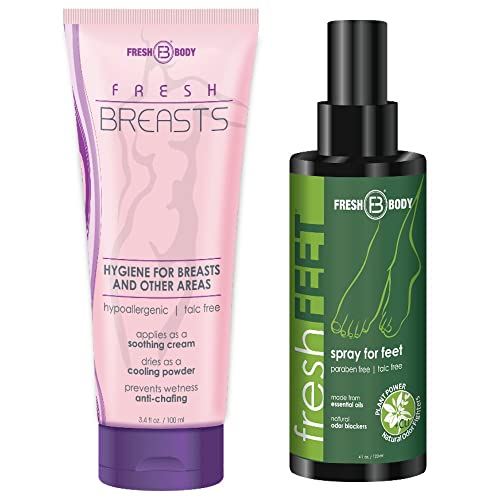 Fresh Body FB Fresh Feet and Fresh Breasts Bundle: Fresh Feet Foot Odor Spray,4 Ounce and Fresh Breasts Anti-Chafing Soothing Lotion for Women, 3.4 Ounce