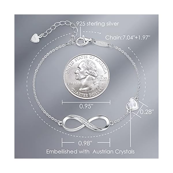 CDE Infinity Heart Symbol Charm Link Bracelet for Women 925 Sterling Silver Stainless Steel Adjustable Anniversary Jewelry Christmas Birthday Gifts for Women Wife Girlfriend Her