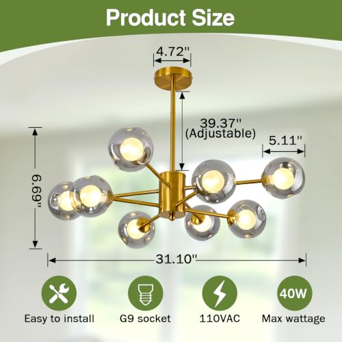 Image of 8 Light Sputnik Gold Glass Globe Chandelier for Dining Room Light Fixture