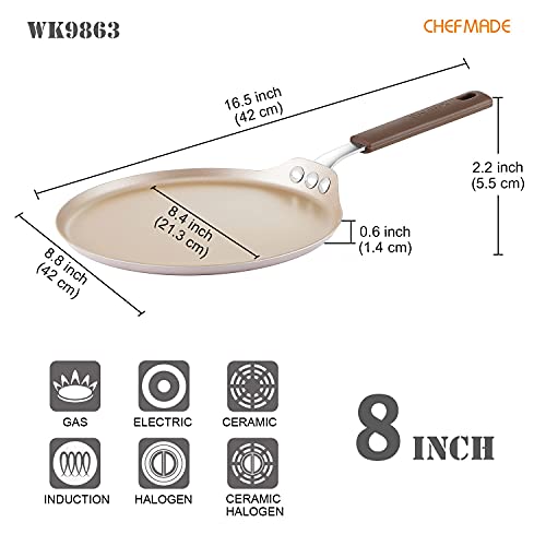 Chefmade Crepe Pan With Bamboo Spreader, 8-Inch Non-Stick Pancake Pan With Insulating Silicone Handle For Gas, Induction, Electric Cooker (Champagne Gold) #TOP1
