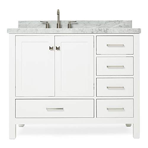 ARIEL 43" Inch White Bathroom Vanity w/ 1.5" Inch Edge Italian Carrara Marble Countertop & Backsplash | Left Oval Sink | 2 Soft Closing Doors & 5 Full Extension Dovetail Drawers | Satin Nickel Pulls ARIEL 43" Inch White Bathroom Vanity w/ 1.5" Inch Edge Italian Carrara Marble Countertop & Backsplash | Left Oval Sink | 2 Soft Closing Doors & 5 Full Extension Dovetail Drawers | Satin Nickel Pulls