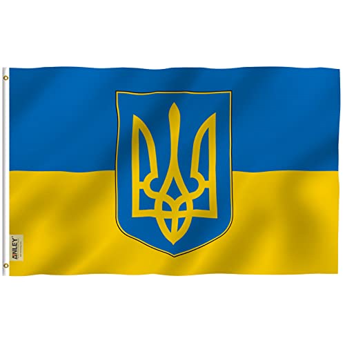 Anley Fly Breeze 3x5 Foot Ukraine Coat of Arms Flag - Vivid Color and Fade proof - Canvas Header and Double Stitched - Ukrainian National Flags Polyester with Brass Grommets 3 X 5 Ft
