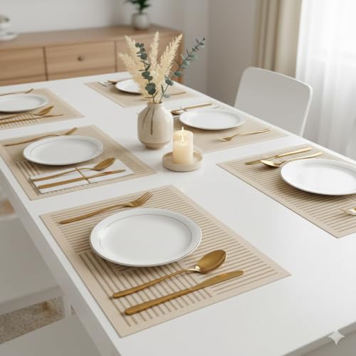 Image of YELONA Leather Dining Table Placemats Set of 6 - Waterproof, Heat Resistant, Anti-Slip, Easy to Clean Table Mats for Dining Table, Kitchen & Home Decor (Tan Beige, 40 x 30 cm)