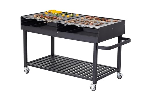 METRO Professional Barbecue a Carbonella Deluxe XL, Acciaio Inox/Acciaio, Griglia Regolabile in Altezza, Paravento, 4 Ruote, Copertura Inclusa, Nero