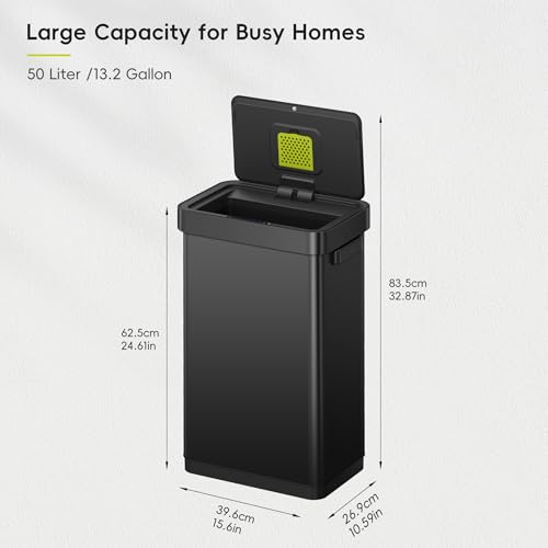 Image of EKO Deluxe Mirage-T 50 Liter / 13.2 Gallon Touchless Rectangular Motion Sensor Trash Can or Recycling Bin, Matte Black Stainless Steel Finish