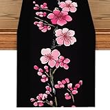 ANNA QUEEN Cherry Blossom Table Runner 13x72 Inch, Japanese Sakura Floral Design on Black Background, Elegant Table Decor for Spring, Summer, Wedding, Dining Table, Tea Ceremony, or Home Decoration