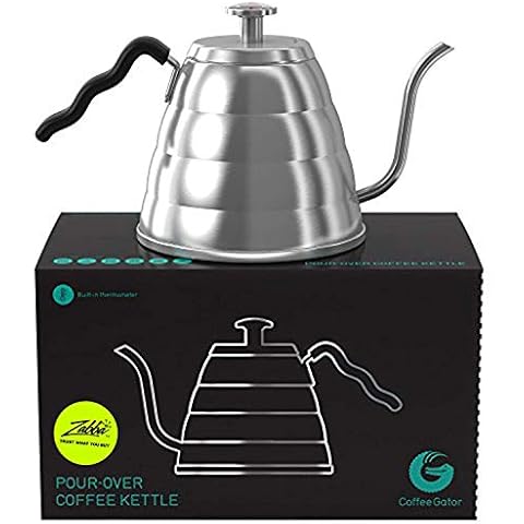 Coffee Gator Gooseneck Kettle with Thermometer, 34 oz Stainless Steel, Stove Top, Premium Pour Over Kettle for Tea and Coffee w/Precision Drip Spout, 4 Cup Cover