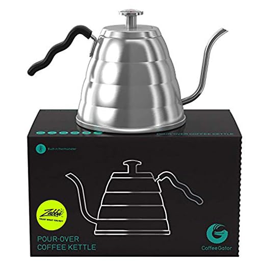 Coffee Gator Schwanenhals-Wasserkocher mit Thermometer -1 L Premium-Edelstahl-Wasserkocher, Herdplatte, mit Präzisions-Tropfauslauf, für Filterkaffee, French Press, Teekocher