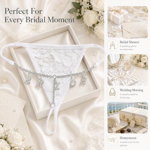 Image of BRIDE Rhinestone Lace Thong for Bride, Bridal Shower & Bachelorette Party Gift, Wedding Day Lingerie, Honeymoon Underwear, Adjustable One Size Fits Most