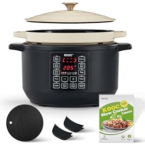 KOOC 10-in-1 Electric Dutch Oven, 6-Quart White, Slow Cook, Braise, Meat Stew, Sear/Sauté, Enameled Cast Iron with Self-Basting Lid, 1500W