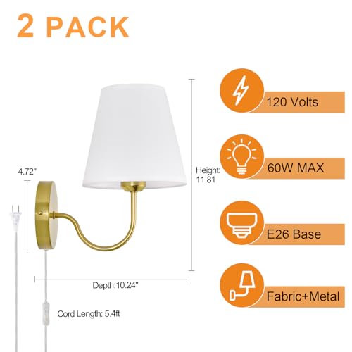 Image of Modern Gold Plug in Wall Sconces Lighting Fixture, E26 Industrial Vintage Wall Light Set of 2 Pack Wall Lamp Bathroom Decor for Bedroom Living Room, Brass Finish