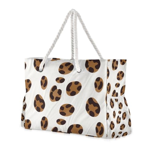 Brown Leopard Pattern on White Beach Bags for Women Ladies Large Canvas Tote Shoulder Bag Waterproof Travel Bags for Gym Swim Pool Camping