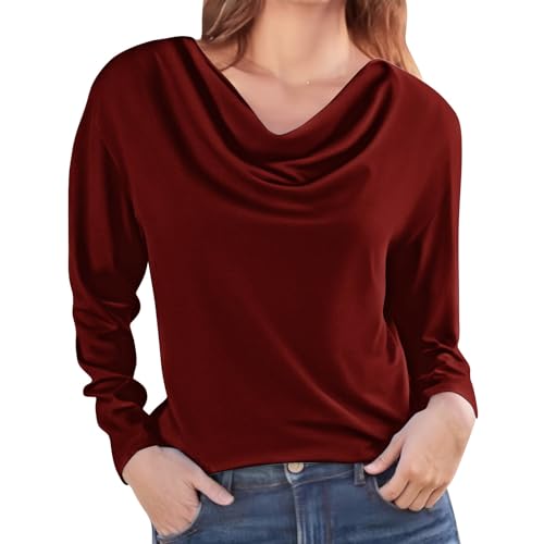 Hauts à manches longues pour femme - Col bénitier - Léger - Décontracté - Basique - Uni - T-shirt d'automne, rouge brique, M