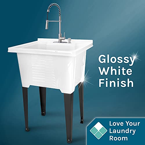 Image of White Utility Sink by JS Jackson Supplies, Tehila Luxe Laundry Tub, Stainless Finish Hi-Arc Coil Faucet, Soap Dispenser