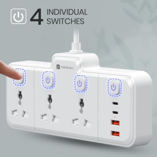 Image of Portronics Power Plate Prime 7-in-1 2500W Power Extender, 3 Universal Sockets & 4 USB Ports, Individual Switches, 180 Flexible Cord, Child Safety Shutters, for Home, Office, Laptops