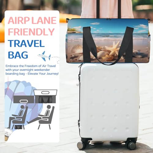 Beach Starfish Shells In Summer Sports Duffle Bag for Women Men Waterproof Overnight Weekender Bag with Adjustable Strap Travel Tote Bags for Beach Yoga Work Dance Swim3