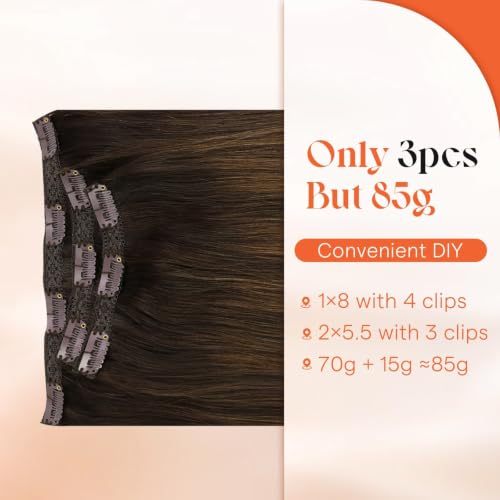 Image of Sunny Hair Clip in Hair Extensions Real Human Hair Dark Brown Balayage | 20 Inch Remy Hair for Women Beginner Friendly Clip Ins Ash Brown Ombre Easy to Apply and Remove Lightweight 85g