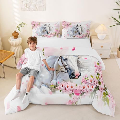 Image of Feelyou White Horse Comforter Set Twin Size Bedding Set for Teens
