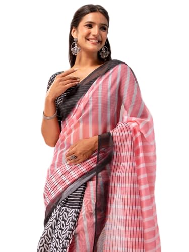 Image of Satrani Women's Linen Printed Ready To Wear Saree with Unstitched Blouse Piece