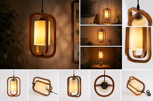 Image of twixle Wooden Double Rectangular Design and White Candle Pendant Lamp, Hanging Ceiling Lamp for Living Room, Bedroom, Kitchen, Balcony, Restaurant /Cafe, Hanging Light for Home Decor (Without Bulb)