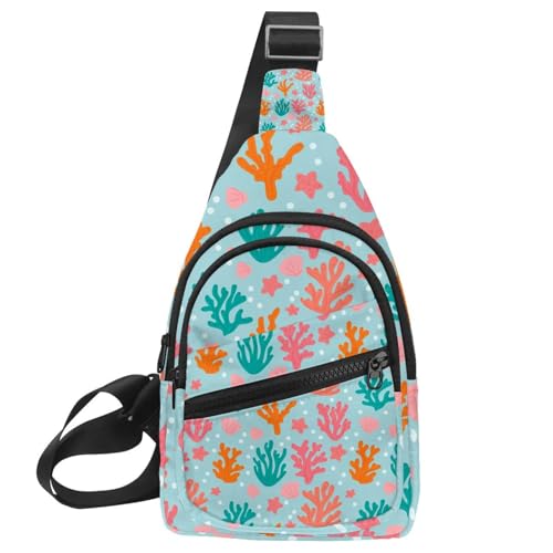 Mochila bandolera con estampado de coral azul y rosa en tamaño compacto