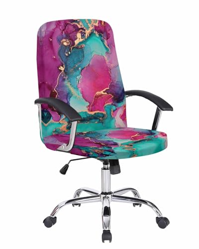 QueenKer Office Chair Cover, Pink Turquoise Gold Marble Abstract Modern Universal Stretchable Computer Chair Cover wirh Zipper Soft Removable Desk Chair Slipcovers (Large)