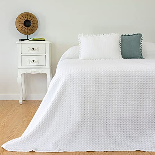 Casa da Laura - Colcha Blanca para Camas 135/140 / 150 - 240 x 260 cm - Elegante patrón de Waffle - 100% Algodón Prelavado