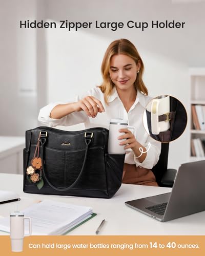 Image of LOVEVOOK Laptop Bag for Women, Original Vintage Work Tote Bag Computer Office Teacher Bag with Flower Pendant