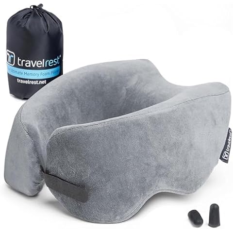 TRAVELREST Nest Memory Foam Travel Pillow/Neck Pillow - Advanced Neck Support for Long Flights - Patented Design for Optimal Relaxation - Long Travel - Unmatched Sleep - Machine Washable - Gray Cover