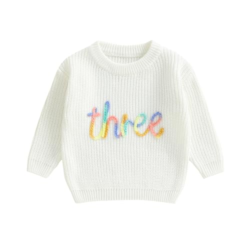 Toddler Baby Girl Birthday Sweater Long Sleeveless Letter Embroidery Pullover Knitted Tops Fall Winter Clothes (C-White, 3T)